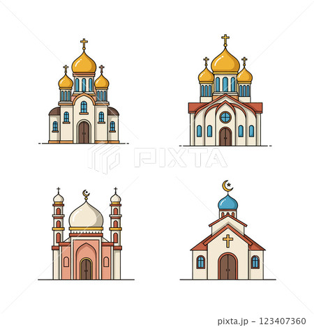 Four distinct religious buildings illustrated in a flat design style as colorful vector art Four distinct religious buildings illustrated in a flat design style as colorful vector art 123407360