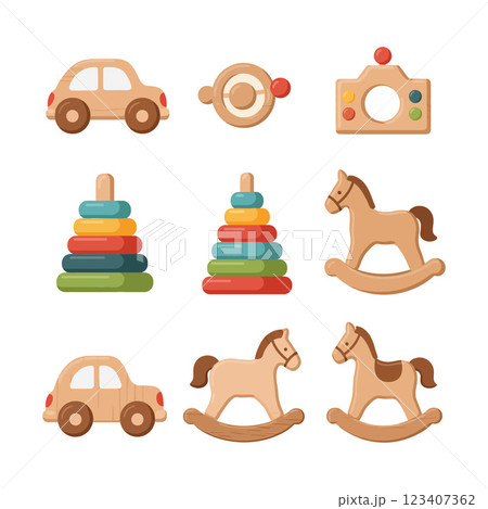Cute wooden toys including cars, stacking rings, and rocking horses in a flat design vector illustration Cute wooden toys including cars, stacking rings, and rocking horses in a flat design vector illustration 123407362