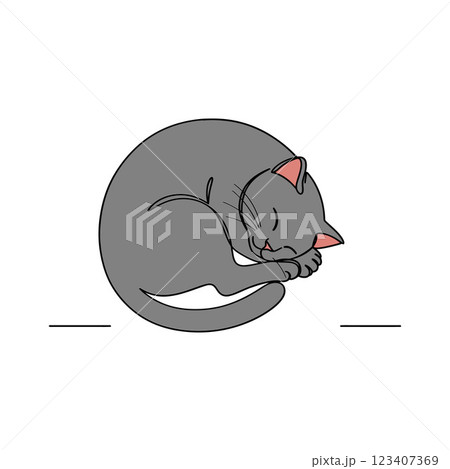 Gray cat curled up in a cozy position, showcasing a minimal design style in vector art 123407369