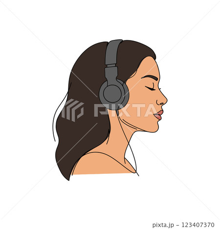 Side profile of a young woman enjoying music with stylish headphones in a minimalist flat vector illustration Side profile of a young woman enjoying music with stylish headphones in a minimalist flat vector illustration 123407370