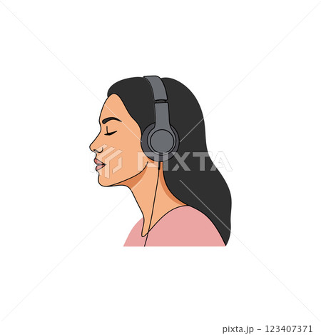A young woman enjoying music with headphones on in a minimal flat design vector illustration capturing a serene moment of relaxation and focus A young woman enjoying music with headphones on in a minimal flat design vector illustration capturing a serene moment of relaxation and focus 123407371