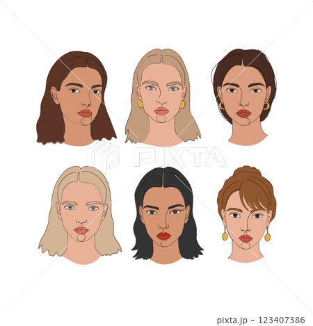 Six diverse womens portraits in a minimalistic flat design showcasing different hairstyles and expressions in vibrant vector art 123407386