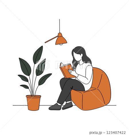 A woman reading a book in a cozy orange chair beside a green plant under a warm light in minimal vector art A woman reading a book in a cozy orange chair beside a green plant under a warm light in minimal vector art 123407422