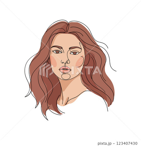 Feminine portrait illustration featuring a woman with flowing brown hair in a minimal style, showcasing soft features and a serene expression in vector art 123407430