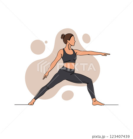A woman practicing yoga in a warrior pose with minimalistic design elements and soft color palette in vector illustration A woman practicing yoga in a warrior pose with minimalistic design elements and soft color palette in vector illustration 123407439