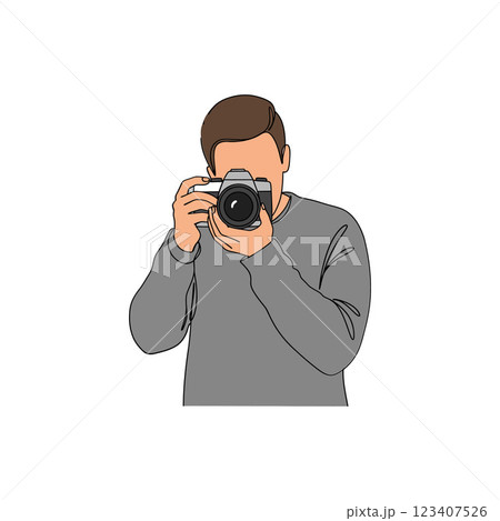 A young man in a grey sweater capturing a moment with a professional camera in a minimalist flat vector art style 123407526