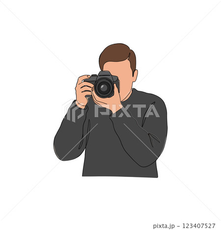 A focused photographer capturing moments with a digital camera in a minimalistic flat vector art style 123407527