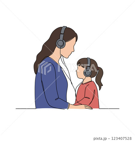 A mother and daughter sharing headphones in a cozy moment, illustrated in a minimal flat design style, showcasing connection and warmth in vector art 123407528