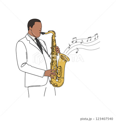 A musician in a white suit playing a golden saxophone with musical notes flowing in a lively flat vector illustration A musician in a white suit playing a golden saxophone with musical notes flowing in a lively flat vector illustration 123407540