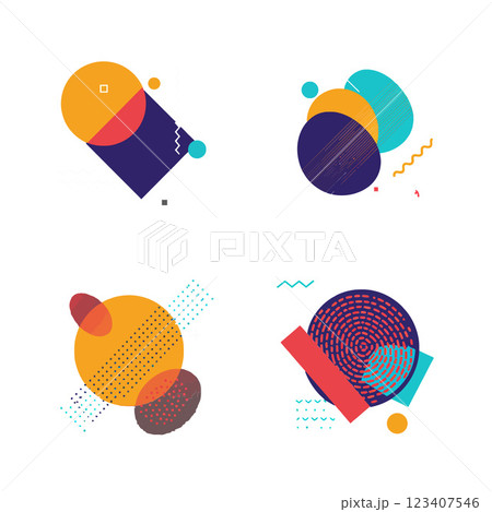 Colorful geometric shapes arranged in a playful composition featuring circles and lines in a modern flat design vector illustration Colorful geometric shapes arranged in a playful composition featuring circles and lines in a modern flat design vector illustration 123407546