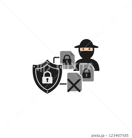 A masked figure representing cybersecurity threats surrounded by locked files, shields, and danger symbols in flat vector art 123407585