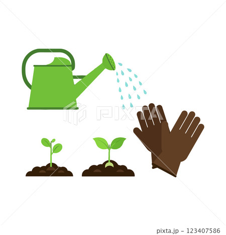 Green watering can pouring water on young plants with gardening gloves in a flat vector illustration showcasing gardening activities and natures nurturing spirit Green watering can pouring water on young plants with gardening gloves in a flat vector illustration showcasing gardening activities and natures nurturing spirit 123407586