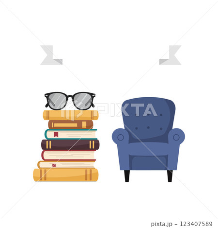 Cozy reading nook featuring a stack of colorful books and a comfortable blue armchair in flat vector illustration 123407589