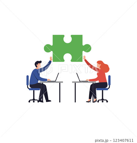 Two professionals collaborating on a project while connecting a green puzzle piece in a flat vector illustration 123407611