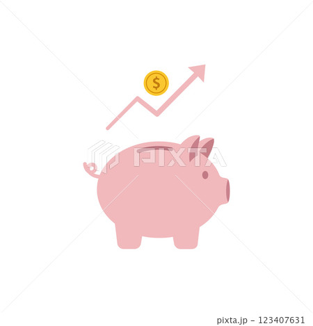 Pink piggy bank with a dollar coin and upward trend arrow in a minimal flat design vector illustration Pink piggy bank with a dollar coin and upward trend arrow in a minimal flat design vector illustration 123407631