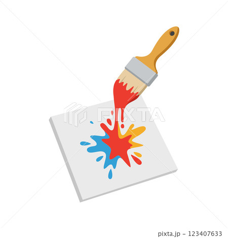 A paintbrush pouring vibrant red paint onto a canvas creating a colorful splash in a minimal flat vector illustration 123407633