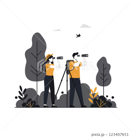 Two people observing nature with binoculars in minimal vector art 123407651