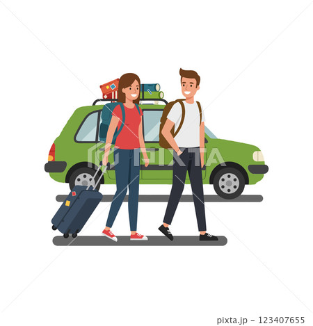 Young couple with luggage walking towards a green car vector art Young couple with luggage walking towards a green car vector art 123407655