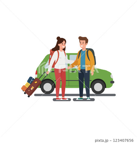 Couple standing by green car with luggage in flat vector art Couple standing by green car with luggage in flat vector art 123407656
