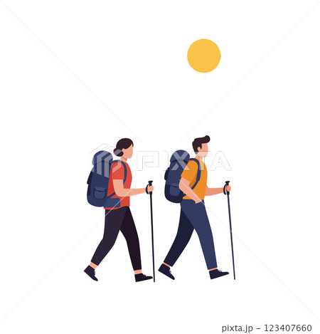 Two hikers walking under the sun in flat vector art 123407660