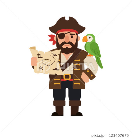 Pirate character holding a treasure map with a parrot flat vector art 123407679