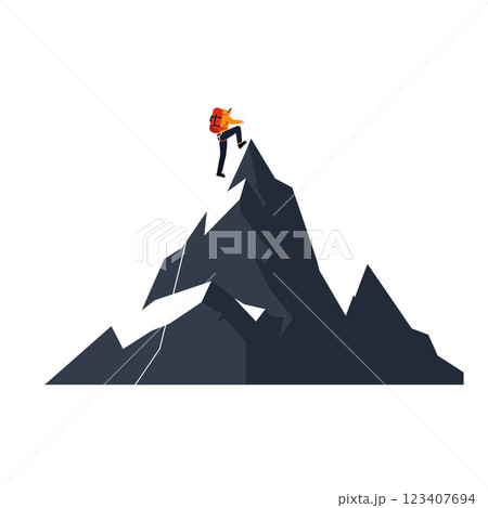 Climber Ascending Steep Mountain in Flat Vector Art Style 123407694