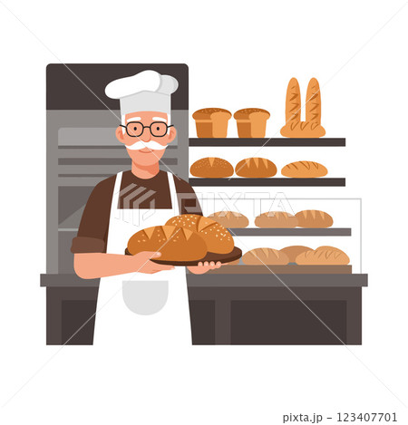 Friendly baker holding fresh bread loaves in flat vector art Friendly baker holding fresh bread loaves in flat vector art 123407701