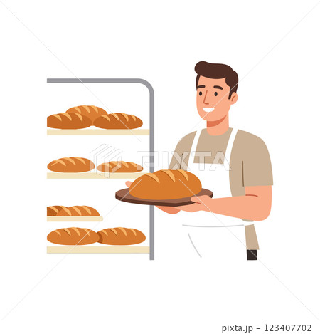 Baker holding freshly baked bread in flat vector illustration 123407702
