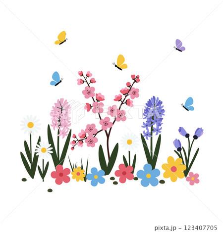 Colorful flowers with butterflies in flat vector illustration style 123407705