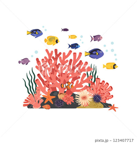 Colorful coral reef scene with various fish in flat vector art 123407717