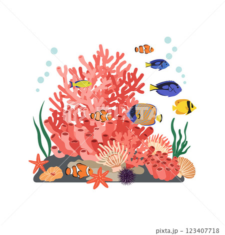 Colorful coral reef with diverse fish in flat vector art Colorful coral reef with diverse fish in flat vector art 123407718