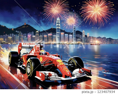 香港を走るF1カー 123407934