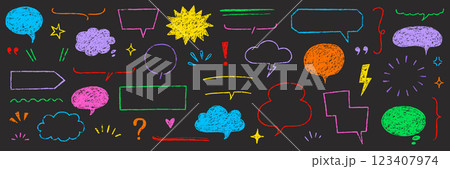 Text frame hand drawn crayon speech bubble set. Crayon chalk pencil background talk speech bubble frame. Hand drawn chalk pencil dialog balloon, children color doodle text cloud. Vector illustration 123407974