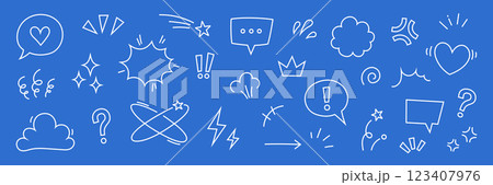 Comic cute speech bubble cartoon element icon set. Comic cute speech bubble, emphasis, star spark, line movement cartoon vector icon. Outline doodle speed motion, funny spark. Vector 123407976