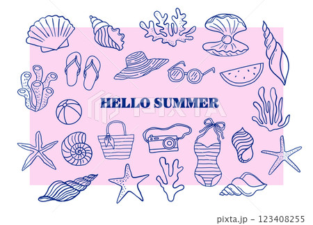 Hand drawn sea, ocean, sun, seashell and palm design illustrations, icons, pattern, minimalist Hand drawn sea, ocean, sun, seashell and palm design illustrations, icons, pattern, minimalist 123408255