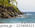 Rocky natural coastal landscape bathed by the Indian Ocean, on the island of Pulau Weh, in Sumatra, Indonesia 123408323