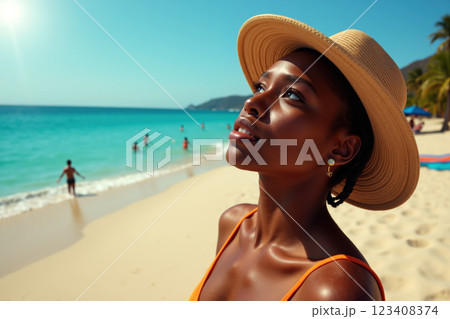 A woman in a hat at the beach. 123408374