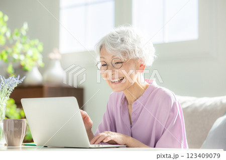 パソコンを操作するシニア女性 123409079