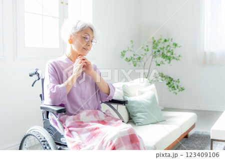 リビングで車椅子に乗るシニア女性　ネガティブ 123409106