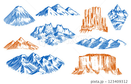 set of different mountain peaks and hills badges. hand drawn illustrations of snowy and rocky 123409312