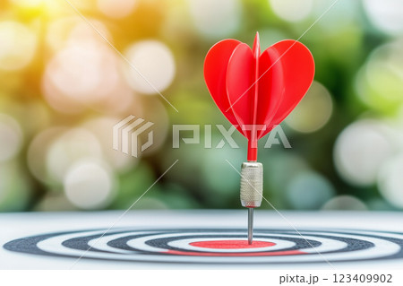 Red Dart with Heart Shape Hitting Center of Target on White Background for Business Concept 123409902