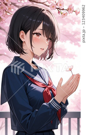 満開の桜の下で涙ぐむ女子学生 満開の桜の下で涙ぐむ女子学生 123409962