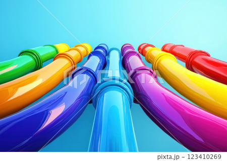 Colorful pipes in rainbow gradient against blue background symbolize unity and creativity 123410269