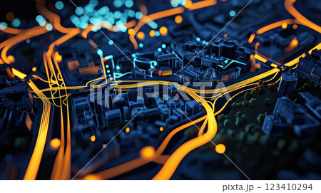 Dynamic city map with illuminated roads, showcasing urban infrastructure and connectivity 123410294