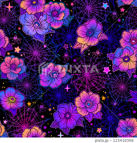 Seamless vector pattern of flowers and cobwebs on a black background Seamless vector pattern of flowers and cobwebs on a black background 123410308