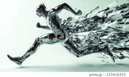 Liquid metal athlete running, showcasing power and speed in dynamic pose 123410325