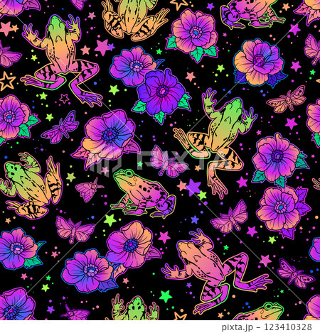 Seamless illustration with colorful rainbow frogs and flowers Seamless illustration with colorful rainbow frogs and flowers 123410328
