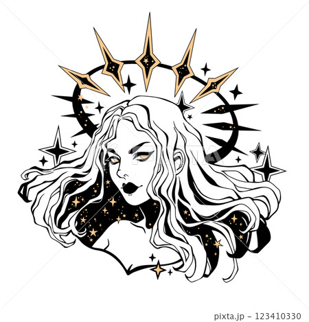 Beautiful girl with long hair decorated with stars and a halo 123410330