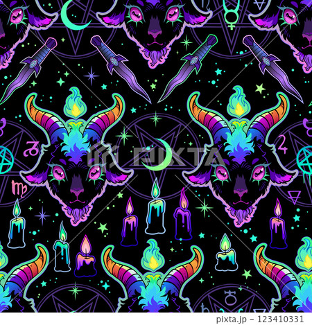 Seamless vector pattern. Cartoon devil and magic items Seamless vector pattern. Cartoon devil and magic items 123410331