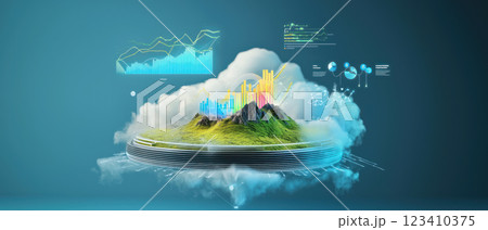Data analytics dashboard visualized as floating island cloud environment, featuring vibrant charts and graphs with ample copy 123410375